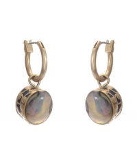 Add shimmer to your summer style with breezy shells. Kenneth Cole New York earrings feature a traditional hoop design accented by an abalone shell drop. Crafted in gold tone mixed metal. Approximate drop: 1-1/4 inches.