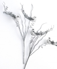 Glistening beauty. These precious birds nest upon your tree in shimmering silver and white sparkles for a festive air. Twist and bend the branches to get the perfect setup. Glistening beauty. These precious birds nest upon your tree in shimmering silver and white sparkles for a festive air. Twist and bend the branches to get the perfect setup.