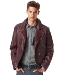 Modern rock style gets a nod to vintage motorcycle cool with this full zip faux-leather jacket from Bar III. Modern rock style gets a nod to vintage motorcycle cool with this full zip faux-leather jacket from Bar III.