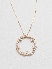 Sparkling white sapphires set in 14k gold with a open circle design on a delicate link chain. White sapphire14k goldLength, about 16Pendant size, about .6 Spring ring closureMade in USA Sparkling white sapphires set in 14k gold with a open circle design on a delicate link chain. White sapphire14k goldLength, about 16Pendant size, about .6 Spring ring closureMade in USA