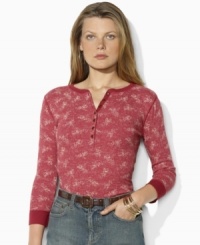 Rendered in lightweight slub cotton jersey, Lauren by Ralph Lauren's chic Henley petite shirt exudes vintage romance in a whimsy, weathered floral print. Rendered in lightweight slub cotton jersey, Lauren by Ralph Lauren's chic Henley petite shirt exudes vintage romance in a whimsy, weathered floral print.