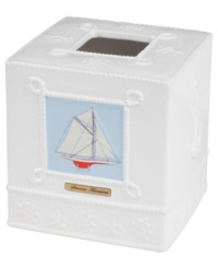 Set sail for uncharted bath decor with this nautical-themed tissue holder from Creative Bath. Emblazoned with a seafaring schooner, this charming piece docks beautifully-powder rooms to bathrooms.