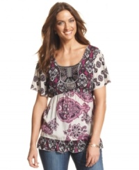 Flutter sleeves and a ruffled hem make this Style&co. petite top sublimely feminine. Pair with jeans for a breezy summer style. Flutter sleeves and a ruffled hem make this Style&co. petite top sublimely feminine. Pair with jeans for a breezy summer style.