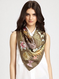 A sumptuous silk scarf dips into the wild with an abstract jungle print.SilkAbout 36 X 36Dry cleanMade in Italy A sumptuous silk scarf dips into the wild with an abstract jungle print.SilkAbout 36 X 36Dry cleanMade in Italy