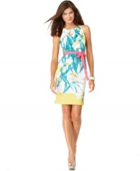 A bold floral print is pulled together with a pretty bow-tie belt on this petite T Tahari dress for a look that's sublimely spring! A bold floral print is pulled together with a pretty bow-tie belt on this petite T Tahari dress for a look that's sublimely spring!