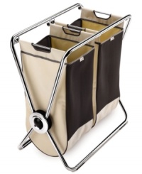 The clean sort. A heavy-duty steel frame and two breathable mesh & canvas bags make it easy to separate whites & darks as the week goes by. When you're ready to wash just grab the easy-carry steel handles, lift the bag & take it to the machine. The folding design lets you stow this hamper away when not in use, plus rubberized feet & a strong pivot point keep it standing even when its full. 5-year warranty. The clean sort. A heavy-duty steel frame and two breathable mesh & canvas bags make it easy to separate whites & darks as the week goes by. When you're ready to wash just grab the easy-carry steel handles, lift the bag & take it to the machine. The folding design lets you stow this hamper away when not in use, plus rubberized feet & a strong pivot point keep it standing even when its full. 5-year warranty.
