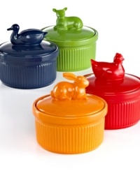 Character building. Bring your table to life with a quick splash of color topped off by a charming figural. An effortless way to make every meal more personal, these mini cocottes are great looking and great for cooking, too, with oven-to-table ceramic designs, glazed non-porous exteriors and a dishwasher-safe promise. Lifetime warranty. Character building. Bring your table to life with a quick splash of color topped off by a charming figural. An effortless way to make every meal more personal, these mini cocottes are great looking and great for cooking, too, with oven-to-table ceramic designs, glazed non-porous exteriors and a dishwasher-safe promise. Lifetime warranty.