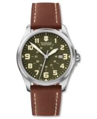 Vintage hues and a modern functionality distinguish this fine women's watch from Victorinox Swiss Army. Brown leather strap and round stainless steel case with anti-reflective sapphire crystal. Round olive green dial with logo, calendar and low battery indicator. Swiss-made quartz movement. Water resistant to 100 meters. Three-year limited warranty. Vintage hues and a modern functionality distinguish this fine women's watch from Victorinox Swiss Army. Brown leather strap and round stainless steel case with anti-reflective sapphire crystal. Round olive green dial with logo, calendar and low battery indicator. Swiss-made quartz movement. Water resistant to 100 meters. Three-year limited warranty.