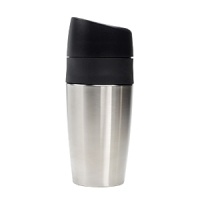 No more spills! Enjoy your coffee during the morning commute with the ease and security of the OXO GOOD GRIPS LiquiSealTM Travel Mug. The Mug features three silicone seals to insure no spills. Just click to open and click to seal from one simple button. One-handed activation allows you to keep one hand on the steering wheel at all times while you enjoy your beverage. Fill 14 ounces of your favorite beverage into the Mugs stainless steel double-walled cup and the vacuum insulation will keep your beverage hot or cold for up to seven hours. Easily sip from the comfortable, no-drip drinking spout. The soft, non-slip grip gives you a secure hold when on the go. Accommodates a wide variety of car cup holders.