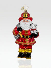 Display your support for firefighters and their trusty dalmatian friends with this beautifully crafted, uniform-donning Santa ornament. Hand-blownHand-painted6 tallMade in Poland Display your support for firefighters and their trusty dalmatian friends with this beautifully crafted, uniform-donning Santa ornament. Hand-blownHand-painted6 tallMade in Poland