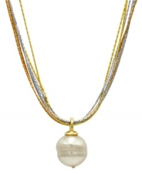 This versatile 7-row tricolor 18k gold over sterling silver pendant featuring a white baroque organic man-made pearl (16 mm) hails from the island of Mallorca, Spain. Approximate length: 16-18 inches. Approximate drop: 1 inch.