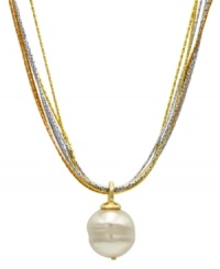 This versatile 7-row tricolor 18k gold over sterling silver pendant featuring a white baroque organic man-made pearl (16 mm) hails from the island of Mallorca, Spain. Approximate length: 16-18 inches. Approximate drop: 1 inch. This versatile 7-row tricolor 18k gold over sterling silver pendant featuring a white baroque organic man-made pearl (16 mm) hails from the island of Mallorca, Spain. Approximate length: 16-18 inches. Approximate drop: 1 inch.