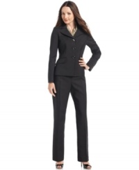 Le Suit's petite pantsuit comes with an elegant surprise: a coordinating scarf that you can choose to wear any way you like. Le Suit's petite pantsuit comes with an elegant surprise: a coordinating scarf that you can choose to wear any way you like.