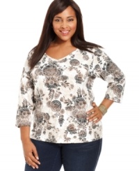 Snag stylish weekend wear with Karen Scott's three-quarter-sleeve plus size top-- pair it with your favorite casual bottoms. Snag stylish weekend wear with Karen Scott's three-quarter-sleeve plus size top-- pair it with your favorite casual bottoms.