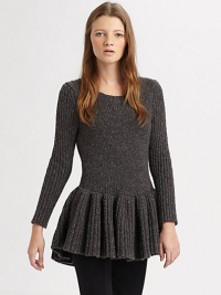 Cut with a ribbed pelplum, this fine-knit, wool-rich design will make a fashionable statement. RoundneckLong ribbed sleevesRibbed peplum hem hits below the hips70% wool/25% nylon/5% acrylicDry cleanMade in USA of Italian fabricModel shown is 5'7 (174cm) wearing US size Extra Small. Cut with a ribbed pelplum, this fine-knit, wool-rich design will make a fashionable statement. RoundneckLong ribbed sleevesRibbed peplum hem hits below the hips70% wool/25% nylon/5% acrylicDry cleanMade in USA of Italian fabricModel shown is 5'7 (174cm) wearing US size Extra Small.