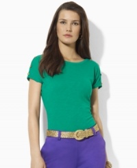 Lauren by Ralph Lauren's soft slub petite jersey tee is rendered with breezy dolman sleeves and metal crest-embossed buttons for a decidedly nautical feel. Lauren by Ralph Lauren's soft slub petite jersey tee is rendered with breezy dolman sleeves and metal crest-embossed buttons for a decidedly nautical feel.