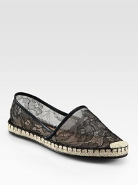 Semi-sheer floral lace adds signature glamour to this go-to silhouette, with smooth leather trim and textured rope edging. Lace upper with leather trimLeather liningRubber solePadded insoleMade in Italy Semi-sheer floral lace adds signature glamour to this go-to silhouette, with smooth leather trim and textured rope edging. Lace upper with leather trimLeather liningRubber solePadded insoleMade in Italy