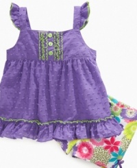 Spice up her everyday wear with this vibrant swiss-dot tank and floral short set from Kids Headquarters. Spice up her everyday wear with this vibrant swiss-dot tank and floral short set from Kids Headquarters.