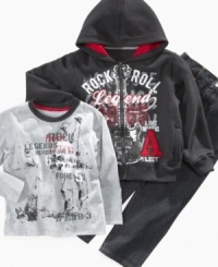 A three-piece set from Nannette that has him looking like a rock 'n' roll legend: Long-sleeved tee with rock legends never fade away they live on forever graphic; zip-up hoodie with rock graphic and A patch; and zip-fly jeans with adjustable waist. A three-piece set from Nannette that has him looking like a rock 'n' roll legend: Long-sleeved tee with rock legends never fade away they live on forever graphic; zip-up hoodie with rock graphic and A patch; and zip-fly jeans with adjustable waist.