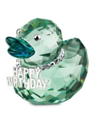 The lucky ducks to receive this Swarovski crystal figurine will have a very happy birthday indeed. A teal beak and green body are contrasted by a glitzy silvertone necklace. The lucky ducks to receive this Swarovski crystal figurine will have a very happy birthday indeed. A teal beak and green body are contrasted by a glitzy silvertone necklace.