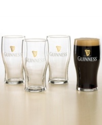Create a lively pub atmosphere in your home with these classic pint glasses. Officially licensed by Ireland's Guinness brewery, each glass is emblazoned with the simple gold crest logo of the legendary stout. Each holds 16 oz. Create a lively pub atmosphere in your home with these classic pint glasses. Officially licensed by Ireland's Guinness brewery, each glass is emblazoned with the simple gold crest logo of the legendary stout. Each holds 16 oz.