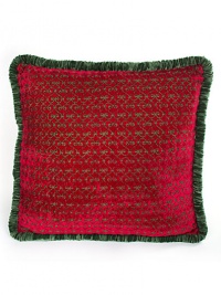 An elegant and spirited accent in pure silk, offering embroidered swirls on one side and a Courtly Check print on the other with a shirred velvet edge in between.HandmadeZip-off coverSilk18 squareHand washImported An elegant and spirited accent in pure silk, offering embroidered swirls on one side and a Courtly Check print on the other with a shirred velvet edge in between.HandmadeZip-off coverSilk18 squareHand washImported