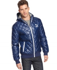 Pump up your out-and-about look with the contrast details of this quilted, hooded jacket from Puma. Pump up your out-and-about look with the contrast details of this quilted, hooded jacket from Puma.