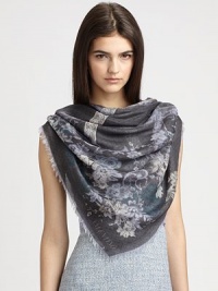 A print of delicate florals and intricate lace with baby fringe details. About 55 X 5592% modal/8% cashmereDry cleanItaly