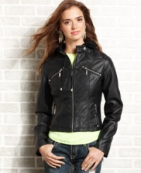 Love the shrunken, moto design of Jou Jou's faux-leather biker jacket! Industrial-cool zippers and an attached hood bring street-chic edge to this must-have layer. Love the shrunken, moto design of Jou Jou's faux-leather biker jacket! Industrial-cool zippers and an attached hood bring street-chic edge to this must-have layer.
