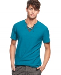 Don't copy the usual t-shirt style. Change up your look with this drawstring y-neck shirt from Bar III and get noticed. Don't copy the usual t-shirt style. Change up your look with this drawstring y-neck shirt from Bar III and get noticed.