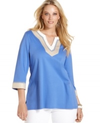 Acquire a polished casual look with Charter Club's three-quarter sleeve plus size tunic top, finished by a colorblocked design. Acquire a polished casual look with Charter Club's three-quarter sleeve plus size tunic top, finished by a colorblocked design.