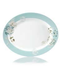 Romance blossoms at tables with the Silk Floral oval platter. Modern, fuss-free porcelain from Mikasa bears artsy garden blooms in teal and cream for a look of serene grace and femininity. Romance blossoms at tables with the Silk Floral oval platter. Modern, fuss-free porcelain from Mikasa bears artsy garden blooms in teal and cream for a look of serene grace and femininity.