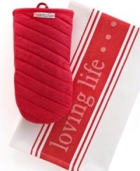 Ready, set, chef! Equip yourself for gourmet greatness with a silicone-grip oven mitt that handles & carries hot pots & pans with ease and an incredibly absorbent cotton jacquard towel that wipes up messes & spills in a moment's notice. Emblazoned with loving life, this set expresses the sentiment of dedicated chefs everywhere! Ready, set, chef! Equip yourself for gourmet greatness with a silicone-grip oven mitt that handles & carries hot pots & pans with ease and an incredibly absorbent cotton jacquard towel that wipes up messes & spills in a moment's notice. Emblazoned with loving life, this set expresses the sentiment of dedicated chefs everywhere!