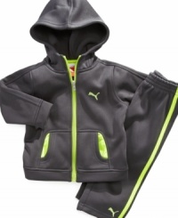 He'll look like the cutest little track star in this cozy fleece hooded jacket and pants set by Puma. He'll look like the cutest little track star in this cozy fleece hooded jacket and pants set by Puma.