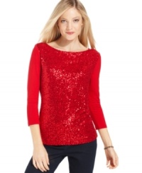 Shine on in Jones New York Signature's sequin top. Pair it with white jeans for a thoroughly modern take on dressing up. Shine on in Jones New York Signature's sequin top. Pair it with white jeans for a thoroughly modern take on dressing up.