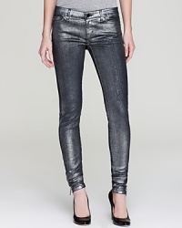 A high-shine approach to your favorite skinnies, a shimmering metallic finish gives MICHAEL Michael Kors jeans a slick, liquid-silver look. Sieek zip cuffs complete the silhouette with statement edge. A high-shine approach to your favorite skinnies, a shimmering metallic finish gives MICHAEL Michael Kors jeans a slick, liquid-silver look. Sieek zip cuffs complete the silhouette with statement edge.