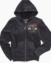 A classic look. This Guess hoodie will quickly become a favorite cold-weather look in his closet this fall. A classic look. This Guess hoodie will quickly become a favorite cold-weather look in his closet this fall.