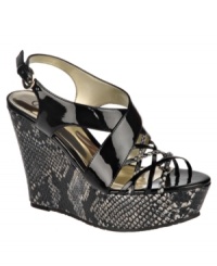 High and mighty. You'll love the snake print on these chunky sandals by Carlos by Carlos Santana. Pair the shiny Serrano wedges with your favorite skinnies. High and mighty. You'll love the snake print on these chunky sandals by Carlos by Carlos Santana. Pair the shiny Serrano wedges with your favorite skinnies.