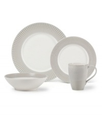 Shape up. A pattern of tiny squares gives the Mikasa Crisscross place settings a modern look and feel in resilient, everyday stoneware. Soothing gray and white tones mixing a matte and shiny finish add to its understated cool. Shape up. A pattern of tiny squares gives the Mikasa Crisscross place settings a modern look and feel in resilient, everyday stoneware. Soothing gray and white tones mixing a matte and shiny finish add to its understated cool.