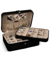 Beautiful inside and out, the Remy jewelry box houses innumerable trinkets between a lift-out drawer, divided sections and in-lid catch. A rich faux leather exterior and sparkling crystal snap add elegance to the practical storage solution by Mele & Co. Beautiful inside and out, the Remy jewelry box houses innumerable trinkets between a lift-out drawer, divided sections and in-lid catch. A rich faux leather exterior and sparkling crystal snap add elegance to the practical storage solution by Mele & Co.