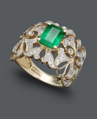 Set the trends with this unique statement ring by Effy Collection. A brilliant emerald gemstone (1-3/8 ct. t.w.) will turn heads amongst a swirling pattern dusted with round-cut diamonds (1/3 ct. t.w.). Set in 14k gold. Set the trends with this unique statement ring by Effy Collection. A brilliant emerald gemstone (1-3/8 ct. t.w.) will turn heads amongst a swirling pattern dusted with round-cut diamonds (1/3 ct. t.w.). Set in 14k gold.