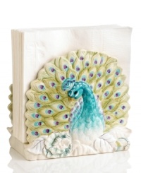 A symbol of eternal life and beauty, the peacock serves as the inspiration for this fanciful napkin holder. Richly detailed with subdued watercolors, it's a stunning stand-alone piece and beautiful complement to Edie Rose by Rachel Bilson dinnerware and serveware. A symbol of eternal life and beauty, the peacock serves as the inspiration for this fanciful napkin holder. Richly detailed with subdued watercolors, it's a stunning stand-alone piece and beautiful complement to Edie Rose by Rachel Bilson dinnerware and serveware.
