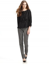 THE LOOKCrewneckConcealed front snap closureLong cropped sleevesCrinkle textured designRosette and beaded waist with bow detailFlounced hemTHE FITAbout 23 from shoulder to longest point of hemTHE MATERIAL45% cotton/41% rayon/14% silkCARE & ORIGINDry cleanMade in Italy THE LOOKCrewneckConcealed front snap closureLong cropped sleevesCrinkle textured designRosette and beaded waist with bow detailFlounced hemTHE FITAbout 23 from shoulder to longest point of hemTHE MATERIAL45% cotton/41% rayon/14% silkCARE & ORIGINDry cleanMade in Italy