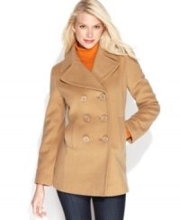 Classic styling meets modern edge: Kenneth Cole Reaction's petite wool-blend pea coat features a gently-elongated silhouette for a refined, streamlined look. Classic styling meets modern edge: Kenneth Cole Reaction's petite wool-blend pea coat features a gently-elongated silhouette for a refined, streamlined look.