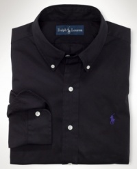 A trim-fitting sport shirt is woven from crisp cotton and adorned with Ralph Lauren's embroidered pony for added polish. A trim-fitting sport shirt is woven from crisp cotton and adorned with Ralph Lauren's embroidered pony for added polish.