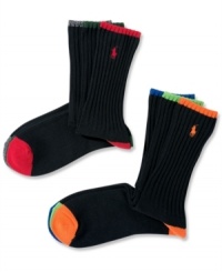 Add a little flair to your dress attire with these understated solid crew neck dress socks with contrast on heel, toe, and cuff by Polo Ralph Lauren. Add a little flair to your dress attire with these understated solid crew neck dress socks with contrast on heel, toe, and cuff by Polo Ralph Lauren.