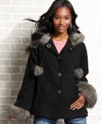 Designed with sumptuous faux-fur trims and a voluminous, a-line shape, Me Jane's hooded swing coat is one outdoor layer that's big on style! Designed with sumptuous faux-fur trims and a voluminous, a-line shape, Me Jane's hooded swing coat is one outdoor layer that's big on style!