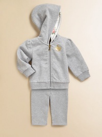 She might not be ready for the track but your little girl will be comfy and warm in this pretty set with lots of Juicy touches.Hood with floral print liningZip front with J pullGold crown chest imprintRibbed cuffs and waistBack floral JC screenElastic waist pantsCotton/polyesterMachine washImported She might not be ready for the track but your little girl will be comfy and warm in this pretty set with lots of Juicy touches.Hood with floral print liningZip front with J pullGold crown chest imprintRibbed cuffs and waistBack floral JC screenElastic waist pantsCotton/polyesterMachine washImported