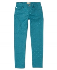 A sweet polka dot print on these skinny jeans from Roxy makes them a unique look sure to make a splash. A sweet polka dot print on these skinny jeans from Roxy makes them a unique look sure to make a splash.