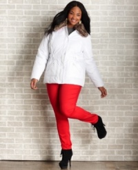 Land the look of luxury for less with Dollhouse's plus size puffer coat, accented by a faux fur collar. Land the look of luxury for less with Dollhouse's plus size puffer coat, accented by a faux fur collar.